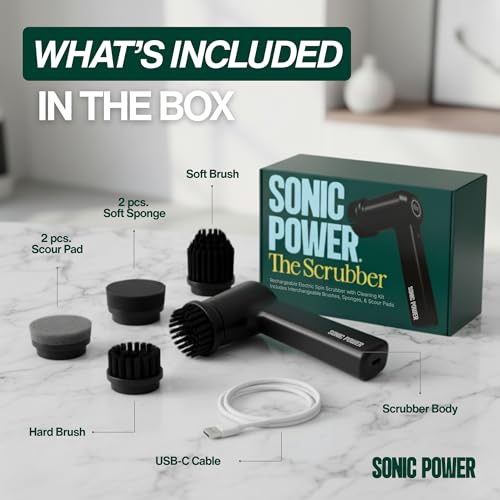 SonicPower Electric Spin Scrubber – Handheld & Ergonomic, IPX7 Waterproof, 4 Multi-Purpose Brush Heads, Long-Lasting Rechargeable Battery – Cleans Dishes, Bathroom, Tile, Grout & Kitchen (Black) | IPX7 Waterproof, 4 Interchangeable Heads, Soft Corner, Sco