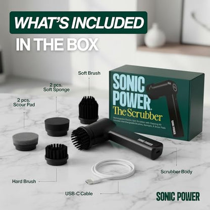 SonicPower Electric Spin Scrubber – Handheld & Ergonomic, IPX7 Waterproof, 4 Multi-Purpose Brush Heads, Long-Lasting Rechargeable Battery – Cleans Dishes, Bathroom, Tile, Grout & Kitchen (Black) | IPX7 Waterproof, 4 Interchangeable Heads, Soft Corner, Sco