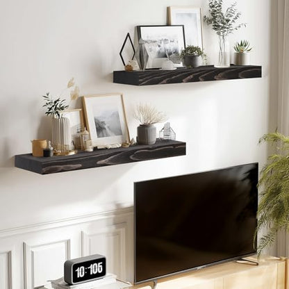 Solid Wood Floating Shelves, 17 Inch Wall Shelves, Set of 2, Black | 8 Inch Deep, 1.6 Inch Thick, Extra-Wide Display Space, Mounting Hardware Included, For Kitchen, Bathroom and Living Room - color: Black, size: 17x8x1.6