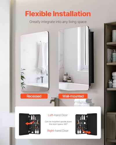 VEVOR Medicine Cabinet, 16.5 x 27.5 inch, Medicine Cabinet for Bathroom with Mirror, Aluminum Frame Bathroom Wall Cabinet, 3-Layer Adjustable Shelves, Recessed & Wall-Mounted Installation - size: 16.5x27.5in
