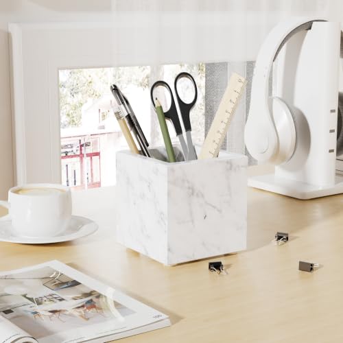 Marble Toothbrush Holder,Pencil Cup,3.9x3.9x3.9in,Carrara White | Makeup Brush Holders with Anti Slip Foot Pads, Rectangular Toothbrush Organizer,Natural Stone Utensil Container for Bathroom - color: Carrara White