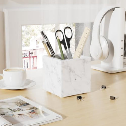 Marble Toothbrush Holder,Pencil Cup,3.9x3.9x3.9in,Carrara White | Makeup Brush Holders with Anti Slip Foot Pads, Rectangular Toothbrush Organizer,Natural Stone Utensil Container for Bathroom - color: Carrara White