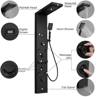 Shower Panel, Rainfall Handheld & 5 Body Jets, Black | Stainless Steel, Multi-Function Shower Tower System, Handheld Shower Wand Tub Spout and Rainfall Head, Temperature Display - color: Black, style: LED Shower Panel