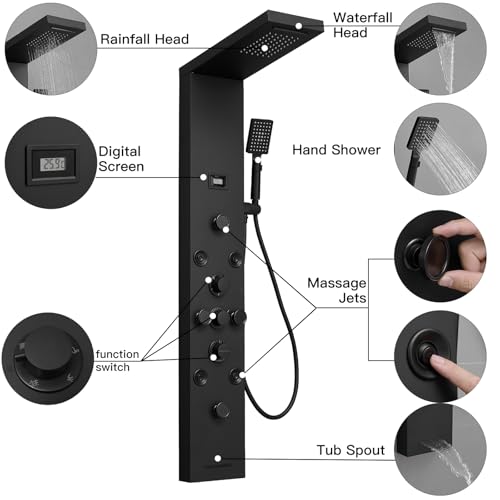 Shower Panel, Rainfall Handheld & 5 Body Jets, Black | Stainless Steel, Multi-Function Shower Tower System, Handheld Shower Wand Tub Spout and Rainfall Head, Temperature Display - color: Black, style: LED Shower Panel