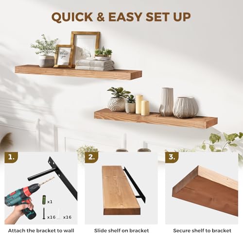Solid Wood Floating Shelves, 36 Inch Wall Shelves, Set of 2, Oak | 8 Inch Deep, 1.6 Inch Thick, Extra-Wide Display Space, Mounting Hardware Included, For Kitchen, Bathroom and Living Room - color: Oak, size: 36x8x1.6