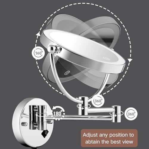 Wall Mounted Makeup Mirror with Magnification, 8" 1X/10X Magnifying Mirror Wall Mounted for Bathroom, 3 Color Light, Touch Dimmable, 360° Swivel, Extendable Arm, 2-Sided, Plug-in & Hardwire
