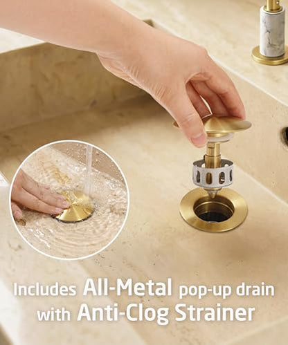 KES Natural Italian Carrara Marble Brushed Gold Bathroom Faucet 3 Hole with All Metal Pop Up Sink Drain, 8 Inch Widespread Bathroom Sink Faucet for Vanity, 360° Swivel Spout, 18/8 Stainless Steel - color: Brushed Gold