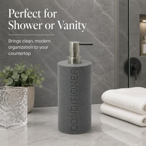 Resin Neutral Gray Sandstone Conditioner Engraved Bottle Refillable Pump Dispenser, Durable Waterproof Resin Construction for Bath, Shower - Gray Sandstone Satin Nickel Pump - color: Gray Sandstone Resin, Nickel Pump - Conditioner