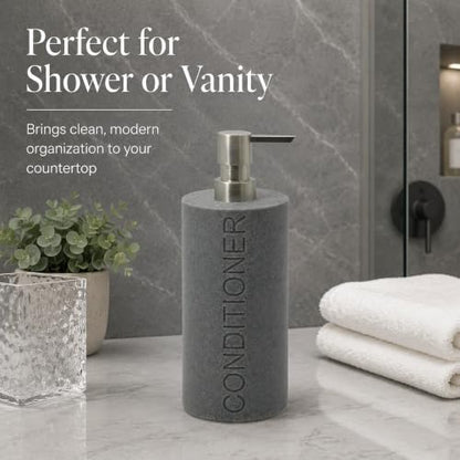 Resin Neutral Gray Sandstone Conditioner Engraved Bottle Refillable Pump Dispenser, Durable Waterproof Resin Construction for Bath, Shower - Gray Sandstone Satin Nickel Pump - color: Gray Sandstone Resin, Nickel Pump - Conditioner