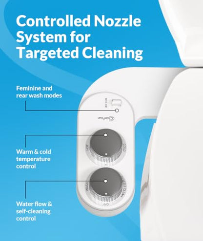 CLEAR REAR Bidet Attachment for Toilet Seat - Non-Electric with Self Cleaning Dual Nozzles, Leak Proof Connectors, Adjustable Water Spray, Rear & Feminine Wash - Hygienic Bathroom Upgrades (Warm/Cold) - color: E. White