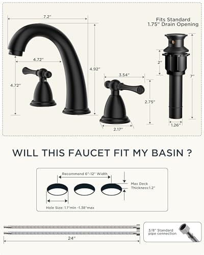 FORIOUS Bathroom Faucet 3 Hole Widespread 8" Sink Faucets Matte Black | 3-hole 6-12 Inch Widespread Sink, 2 Lever Handle, with Drain and Hoses,for Vanity Rv Commercial Lavatory Restroom Farmhouse - color: Matte Black, style: Classic
