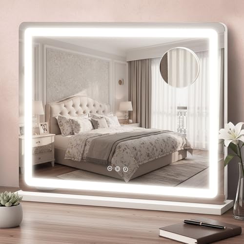 HNV 23"x17.8" Lighted Vanity Mirror, Makeup Mirror with 3-Color Dimmable LED, Sturdy Aluminum Frame Desktop Mirror with Power Adapter, White - color: White, size: 23"L x 17.8"W