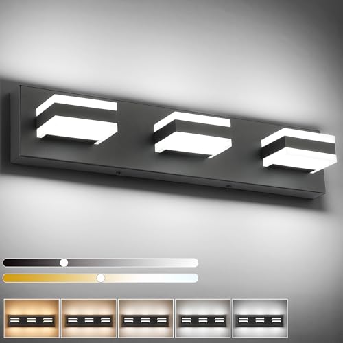SOLFART 5 Color Temperature Adjustable Black 3 Lights Bathroom Vanity Fixtures, LED Vanity Light Over Mirror, Bathroom Light Fixture for Vanity ETL Listed - color: Matt Black-5 Color Adjustable & 100%-0% Dimmable Brightness, size: 3- Light,22Inch