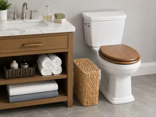 Coeusy 3 Gallon Wicker Trash Can,Small Bathroom Trash Can with Lid,Natural Water Hyacinth Wicker Waste Basket for Bedroom,Toilet,Narrow Garbage Can with Removable Liner - color: Water hyacinth