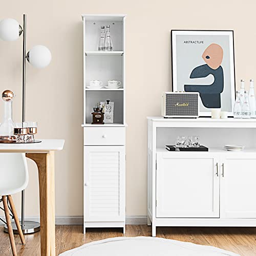 Tangkula Tall Bathroom Cabinet, Slim Storage Cabinet with 3 Tier Shelf, Drawer & Enclosed Narrow Floor Linen Tower Adjustable Shelves for Living Room, 13.5 x 12 64.5 Inches White
