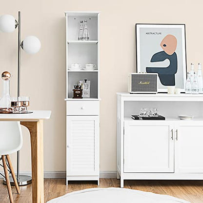 Tangkula Tall Bathroom Cabinet, Slim Storage Cabinet with 3 Tier Shelf, Drawer & Enclosed Narrow Floor Linen Tower Adjustable Shelves for Living Room, 13.5 x 12 64.5 Inches White