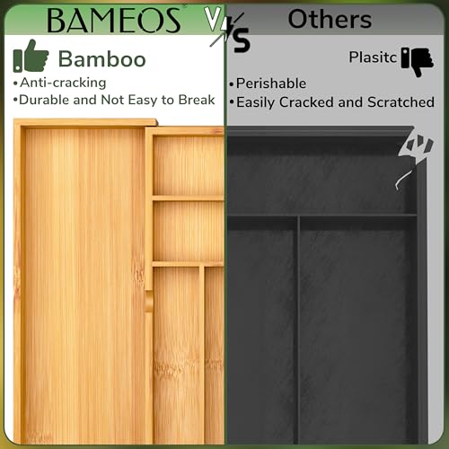 BAMEOS drawer organizer flatware organizer cutlery tray silverware organizer expandable adjustable bamboo drawer organizer kitchen bathroom - size: 2''H 22X16