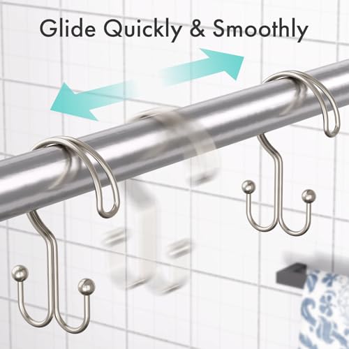Bathway Nickel Shower Curtain Hooks Ring, 12 Pcs Double Sided Shower Hooks, Rust Proof Metal Shower Hooks for Bathroom, Anti-Drop Shower Rings for Shower Curtain & Liners - color: Nickel, style: Double-layer Shower Hooks
