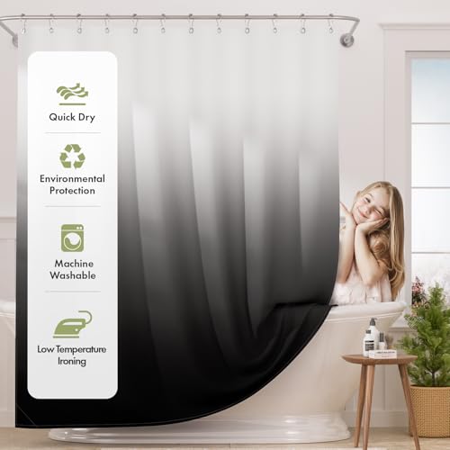 AmazerBath Long Shower Curtain, 72x78 Ombre Black Fabric Shower Curtain Set with 12 Shower Curtain Hooks, Farmhouse Cloth Black and White Shower Curtain, Washable Bathroom Shower Curtain Sets - color: A- Black Ombre +12 Metal Hooks, size: 72"W x 78"L (Pac