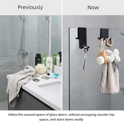 Over The Door Hooks, 2 Pack Heavy Duty Stainless Steel Door Hanger Hooks for Bathroom, Towel Hook for Hanging, Towel Rack Robe Organizer for Towels, Razor Holder, No Drilling, Black