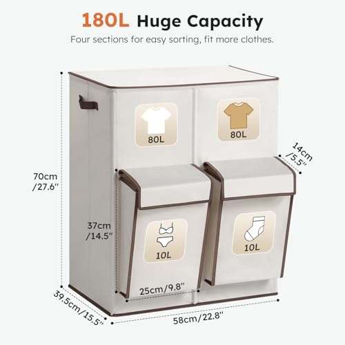SOLEDI 180L Double Laundry Hamper with Lid and 2 Side Pockets, Dual Hamper | 2 Section Laundry Basket, Removable & Washable Laundry Bags, 180L Large Capacity, for Bedroom, Bathroom, Laundry Room, Dorm - color: Beige