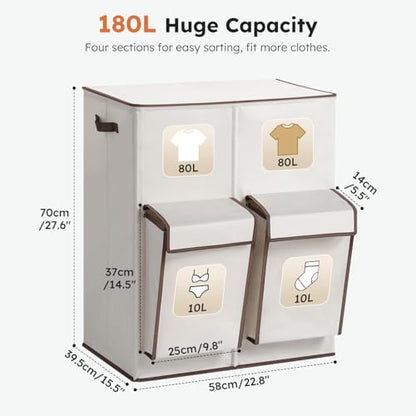 SOLEDI 180L Double Laundry Hamper with Lid and 2 Side Pockets, Dual Hamper | 2 Section Laundry Basket, Removable & Washable Laundry Bags, 180L Large Capacity, for Bedroom, Bathroom, Laundry Room, Dorm - color: Beige