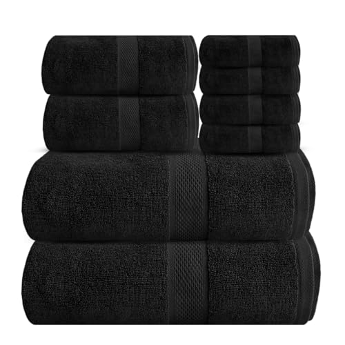 Ocean Towel Set for Bathroom 100% Luxury Cotton Bath Towels Set of 8 (2 Bath Towel and 2 Hand Towel Set & 4 Wash Cloth) Black Soft Towels Bathroom Set 600 GSM Double Stitched for Durability - color: Black