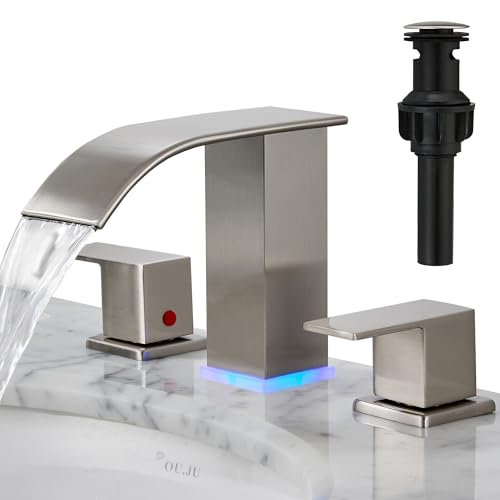 Bathroom faucets 3 Hole Brushed Nickel Vanity Faucet with led Waterfall Bathroom Faucet 3 Hole Sink Faucet Bathroom 8 inch Widespread Modern Parts Touch on 2 Handle - color: Brushed Nickel