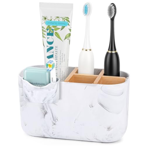 GFWARE Marble Toothbrush Holder, Bathroom Storage Organizer with Small Box | 5 Slots Kids Electric Toothbrush and Toothpaste Holder with Bamboo Divider, Marble-Look Bathroom Accessories Storage - color: Marble Matte