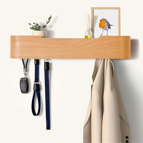 Coat Rack Wall Mount with Hidden Hooks, Wall Hooks with Shelf, Wall Key Holder Mount Wooden Shelf Entryway Hooks for Bedroom Bathroom for Hanging Coats Hats Bags Towels (Oak, 5 Hooks) - color: Oak, size: 5 Hooks