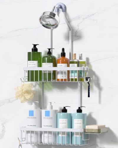 Never Rust Shower Caddy Hanging, Aluminum Shower Racks for Inside Shower, 2-Tier Shower Organizer Hanging Over Shower Head with Hooks and Soap Holder, White - color: White