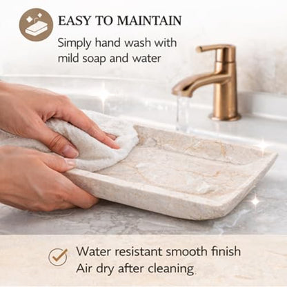 Creative Home Natural Champagne Marble Rectangular Vanity Tray Towel Tray Boat Shaped Tray Bathroom Accessories Organizer for Bathroom Countertop, Kitchen Sink, Jewelry, 16.5" x 6.3" x 1.5" H, Beige - size: 16.5" x 6.3" x 1.5", style: Boat Shaped Tray