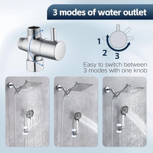 Shower Head,10'' Rain Shower Head with 11'' Angle Adjustable Extension Arm and Handheld Spray Combo/Flow Regulator/Shower System/Angle Adjustable/5Ft Hose, Height (Chrome, 8 Inch)