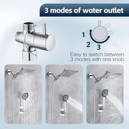 Shower Head,10'' Rain Shower Head with 11'' Angle Adjustable Extension Arm and Handheld Spray Combo/Flow Regulator/Shower System/Angle Adjustable/5Ft Hose, Height (Chrome, 8 Inch)
