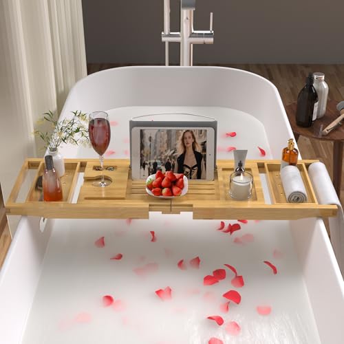Bathtub Tray Caddy, Expandable Bamboo Bath Tray for Tub | Foldable Bath Table Trays with Non-Slip Pads, Bathroom Spa Accessories, Ideal Gift for New Home & Mom's Birthday, Natural - color: Natural