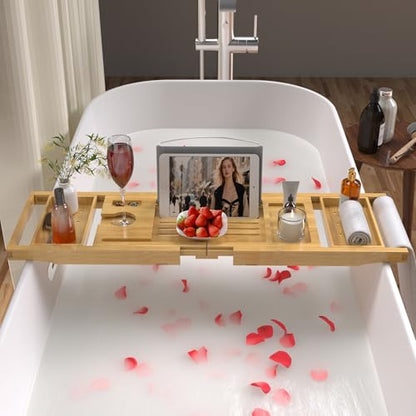 Bathtub Tray Caddy, Expandable Bamboo Bath Tray for Tub | Foldable Bath Table Trays with Non-Slip Pads, Bathroom Spa Accessories, Ideal Gift for New Home & Mom's Birthday, Natural - color: Natural