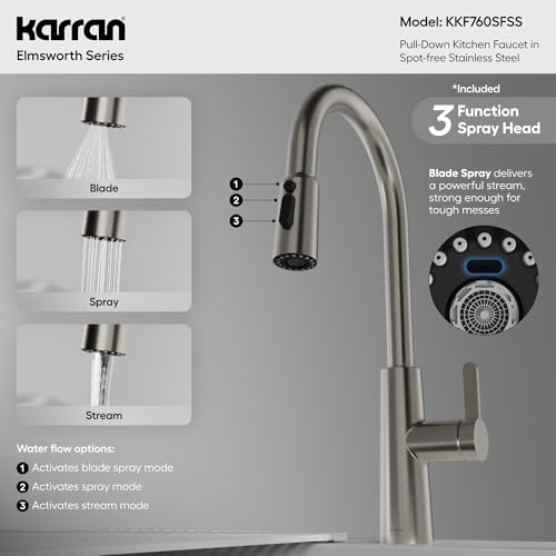 Karran Elmsworth Spot-Free Stainless Steel Commercial Style Pull-Down Kitchen Faucet with Dual Interchangeable Spray Heads, 5-Function Revolve MAX & 3-Function Revolve Mini Aerator, High-Arc Spout - color: Spot Free Stainless Steel