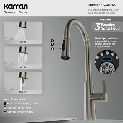 Karran Elmsworth Spot-Free Stainless Steel Commercial Style Pull-Down Kitchen Faucet with Dual Interchangeable Spray Heads, 5-Function Revolve MAX & 3-Function Revolve Mini Aerator, High-Arc Spout - color: Spot Free Stainless Steel