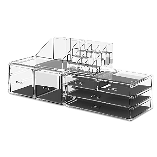 READAEER Makeup Organizer 3 Pieces Cosmetic Storage Case with 6 Drawers (Clear) - color: Clear