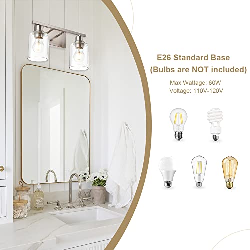 Modern Bathroom Vanity Light,2 Light Industrial Wall Sconces in Brushed Nickel Finish Indoor Metal Base Wall Mounted Fixture with Clear Glass Shade - color: Brushed Nickel, size: 2 Light