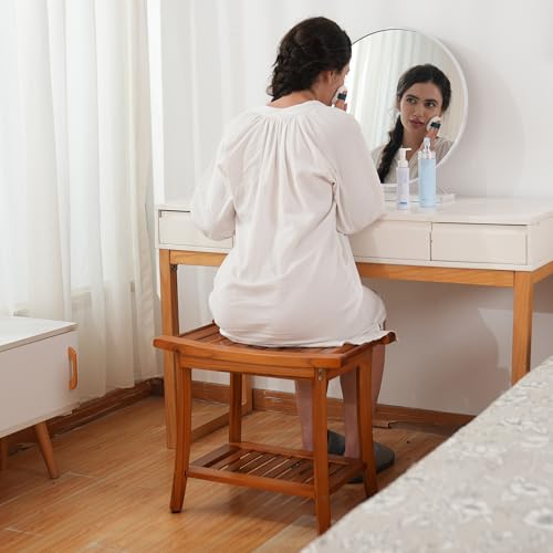 Utoplike Teak Shower Bench Seat with Handles, Bath Chair Stool for Inside | Portable Wood Spa Chair With Towel, Storage Shelf, 22" x 13" x 18.6", for Outdoor Bathroom Use - size: Large