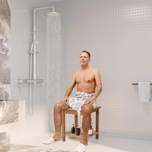 Apolimi Shower Chair, HDPE Shower Bench for Inside Shower to Sit On It, Shower Stool with Storage Shelf 2-Tier Spa Stool for Elderly,Water Resistant & Non-Slip Design Shower Seat Bench (Teak S Size)
