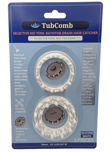 The Selective Tub Drain Hair Catcher, Filters Hair, Not Debris, 3 Pack Fits Lift and Turn, Toe Touch and Pop Up Drains for Longer Human Hair