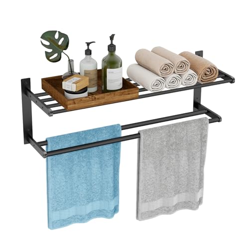 KLJKPA 24 Inch Towel Racks for Bathroom Wall-Mount, 2-Tier, Matte Black | Towel Shelf with Double Towel Bar, Towel Holder, Towel Storage for Bathroom Lavatory, Stainless Steel, Space Saving - color: Black, size: 2-Tier
