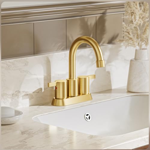 Brushed Gold 4 Inch 2 Handle Centerset Lead-Free Bathroom Faucet, Swivel Spout with Copper Pop Up Drain and 2 Water Supply Lines, BF015-1-BG - color: Brushed Gold