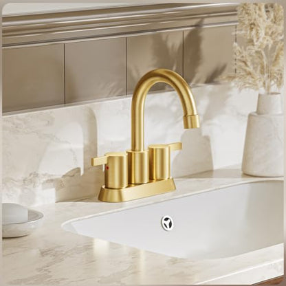 Brushed Gold 4 Inch 2 Handle Centerset Lead-Free Bathroom Faucet, Swivel Spout with Copper Pop Up Drain and 2 Water Supply Lines, BF015-1-BG - color: Brushed Gold