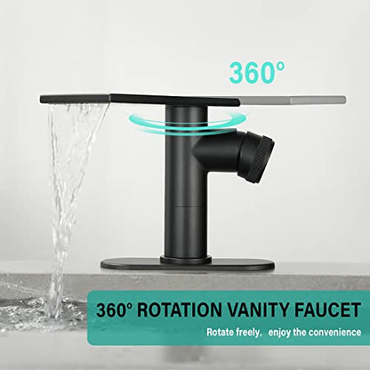becola Modern Bathroom Sink Faucet，Black Bathroom Faucet，Waterfall Faucet for Bathroom Sink，Single Hole Cold and Hot Vanity Faucet，Single Handle Vessel Sink Faucet with Adjust Knobs and Deck Plate - color: Matte Black, size: low