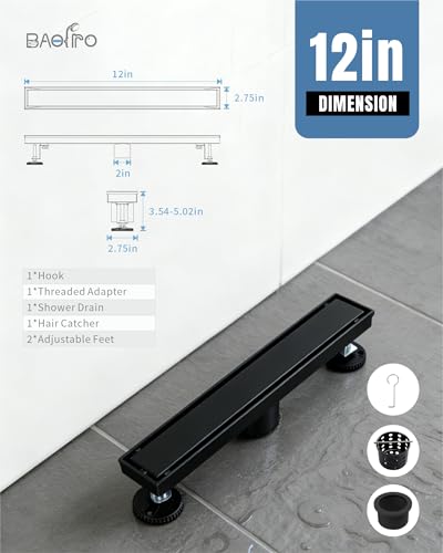 12 Inch Matte Black Linear Shower Drain | CUPC Certified 2-in-1 Tile Insert for Curbless Showers. 304 Steel, 15.8GPM Flow. Includes Hair Catcher & Adjustable Feet. - color: Matte Black, size: 12in