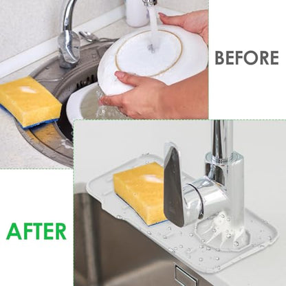 Dimeho Sink Faucet Splash Guard Mat Silicone Soap Dish Pad Small Faucet Handle Drip Catch Sponge Holder Sink Protector Trays for Bathroom Kitchen Countertop Gadgets Accessories 8.3 x 5.7 Inch - color: White