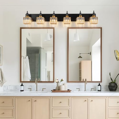 6-Lights Crystal Bathroom Vanity Light Black Gold Modern Bathroom Lighting Fixtures Over Mirror, Wall Light Fixtures - color: Black Gold-Square Shade, size: 6-Light